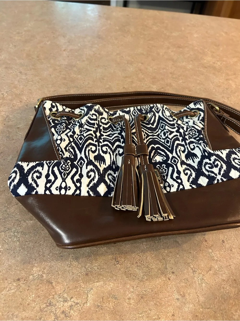 Fossil Navy and Brown Drawstring Tote Bag